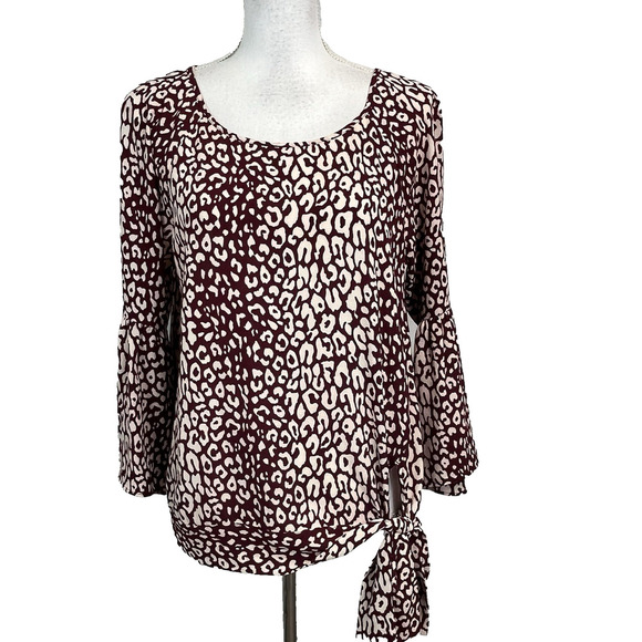 Michael Kors Blouse Tunic size Medium Burgundy Tan Leopard Lagenlook Peasant - Picture 1 of 11